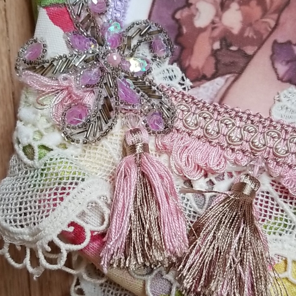 Hand Crafted Artisan Boho Gypsy Embellished Beaded Lace Crossbody Tote Bag - Picture 9 of 16